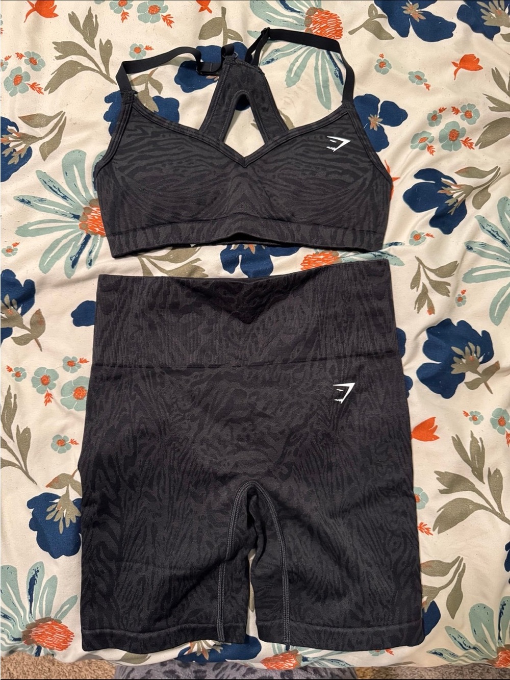 Gymshark Black Zebra-Print Sports Bra & High-Rise Bike Shorts Set